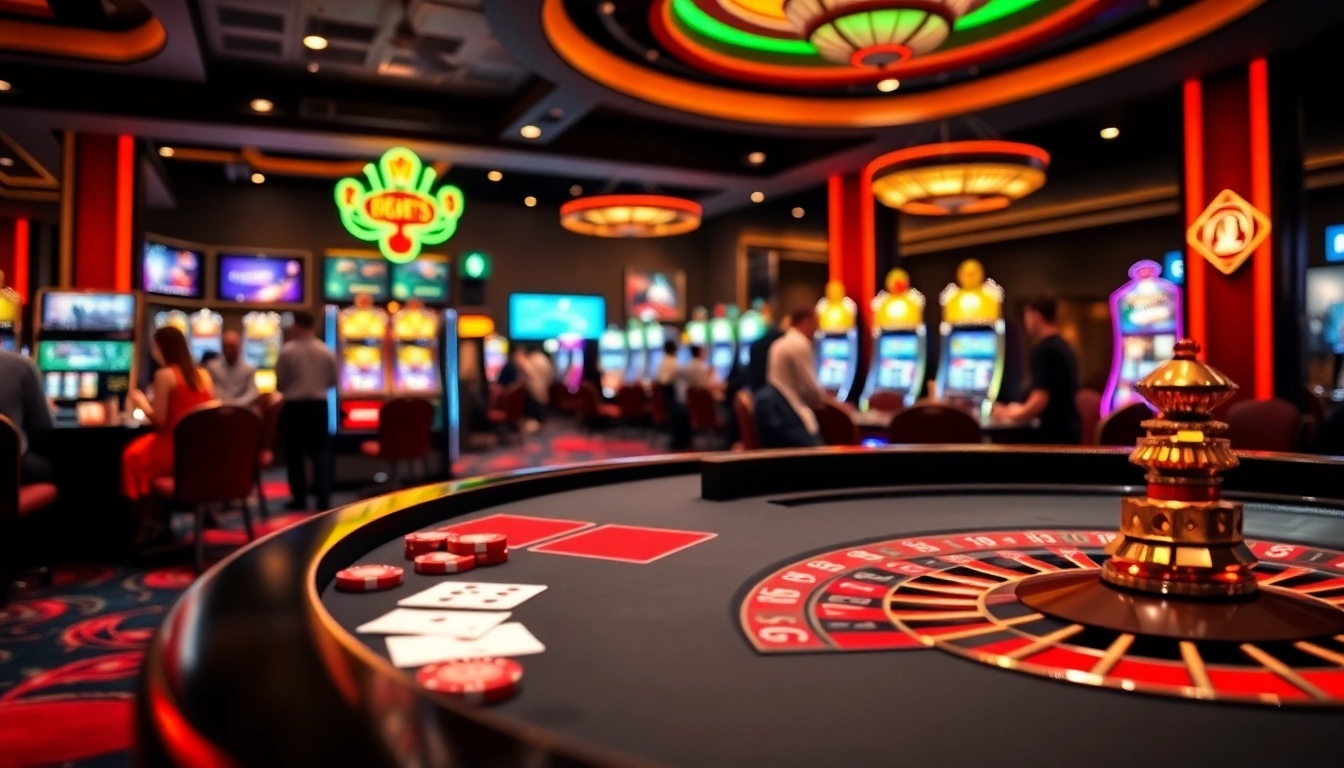 Exciting gameplay at u888, showcasing poker chips and a roulette wheel in a vibrant casino.