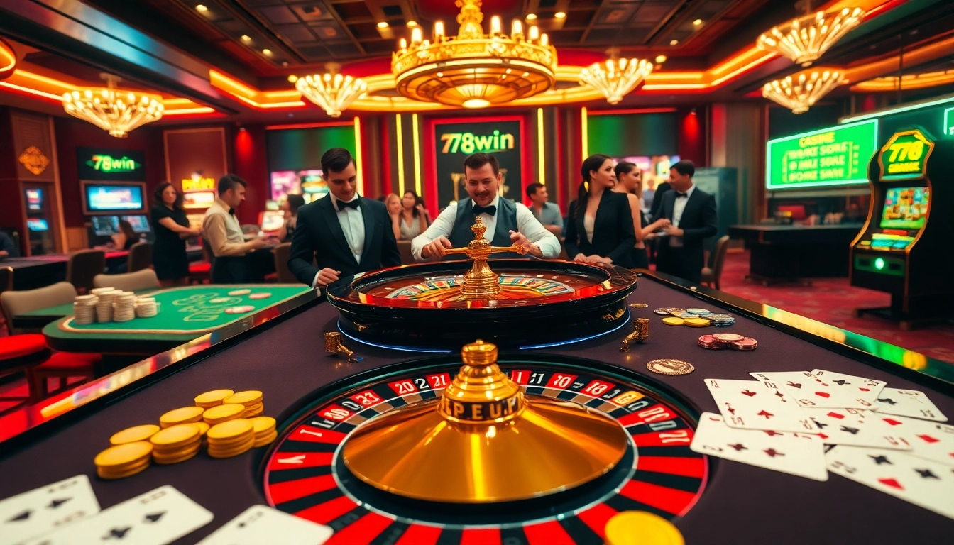 Exciting casino atmosphere showcasing 78win's luxurious gaming experience with roulette and poker.