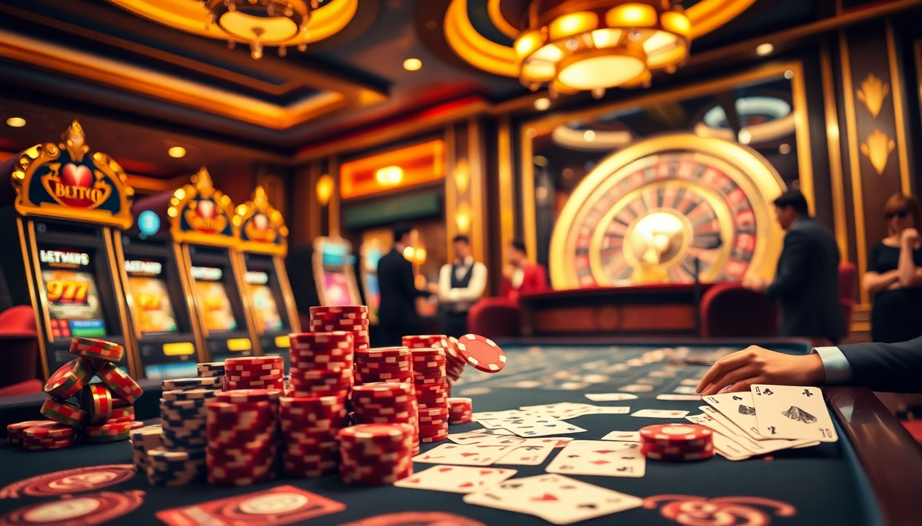 Experience thrilling gameplay with bet 88 at luxurious casino tables featuring poker chips and slot machines.