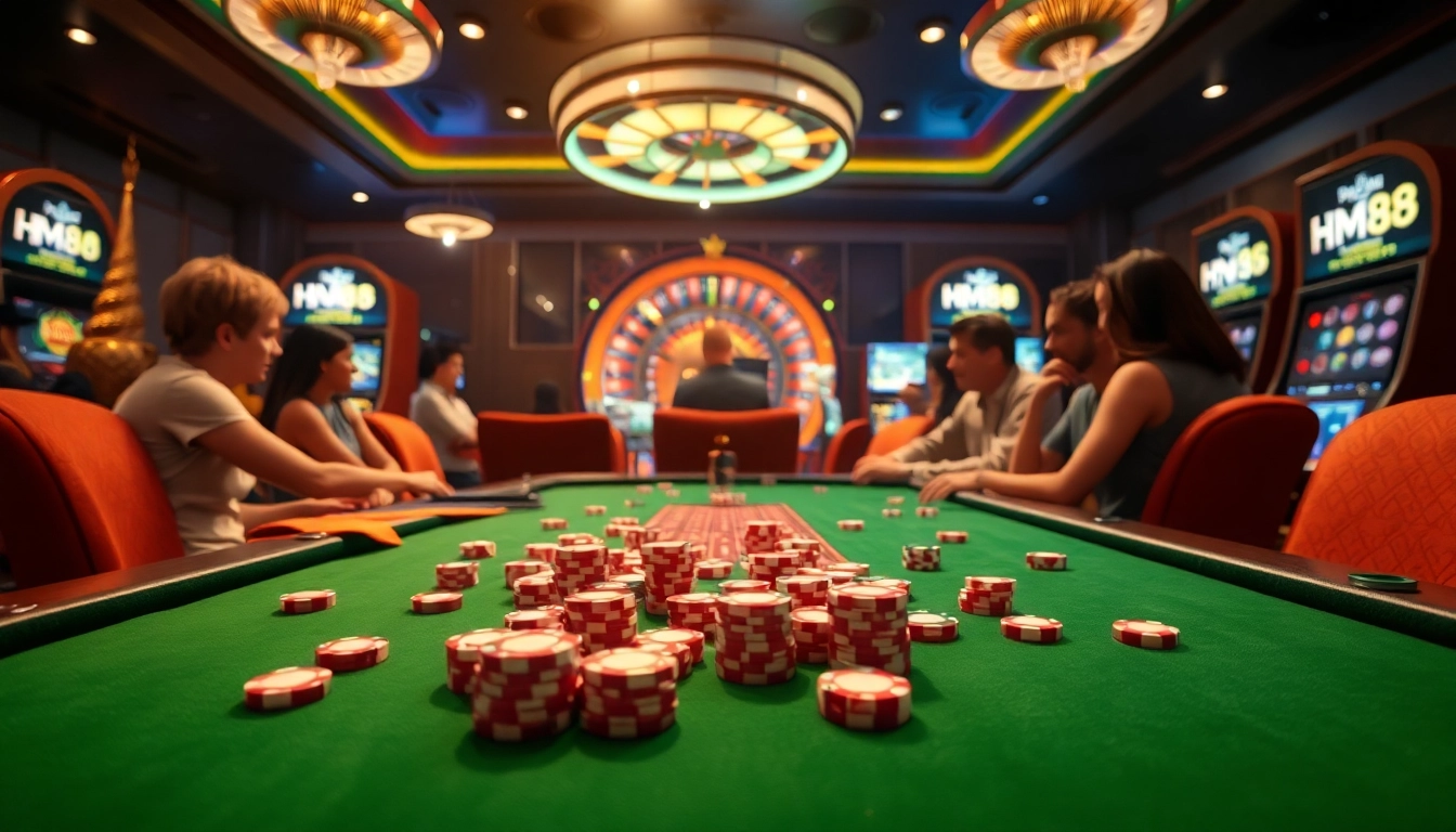 Engage in thrilling gameplay at HM88, featuring a vibrant casino atmosphere with elegant tables and exciting roulette wheels.