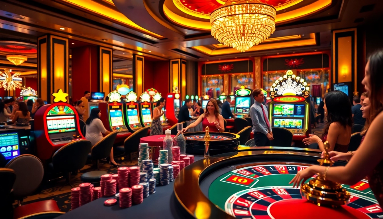 Players enjoying a thrilling casino experience at https://nk88.diy/ with vibrant slot machines and engaging games.