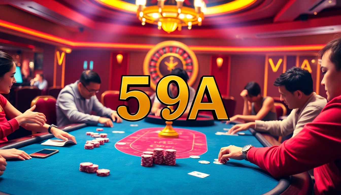 Jogadores desfrutando de uma emocionante partida de pôquer no 59A Casino, cercados por cartas e fichas.