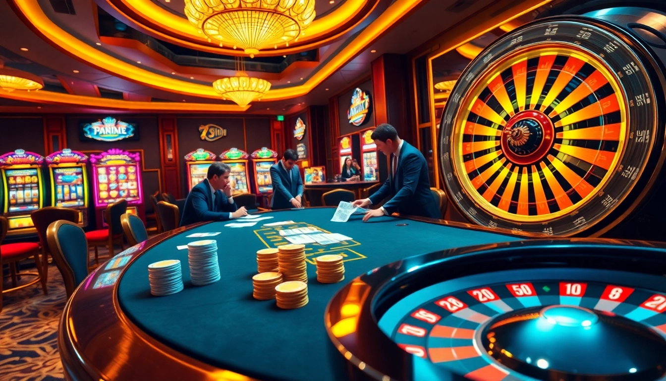 Engaging poker game at 7hh casino, highlighting chips and roulette wheel for excitement.