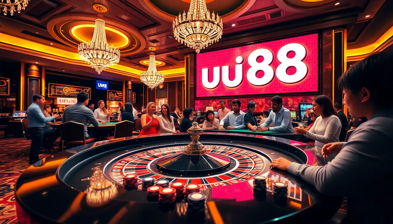 Dynamic casino scene showcasing uu88 excitement with vibrant roulette table and engaged gamblers.