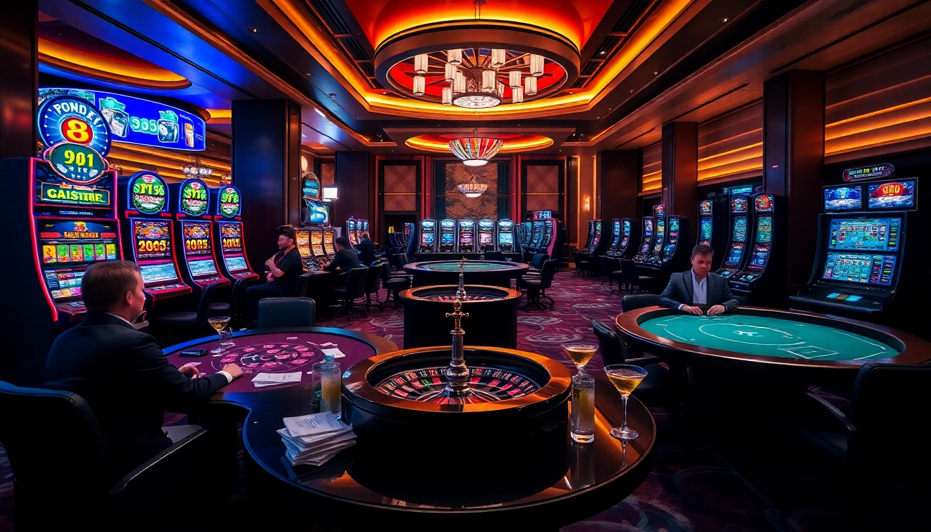 I9 bet casino scene showcasing vibrant slot machines and poker table excitement.