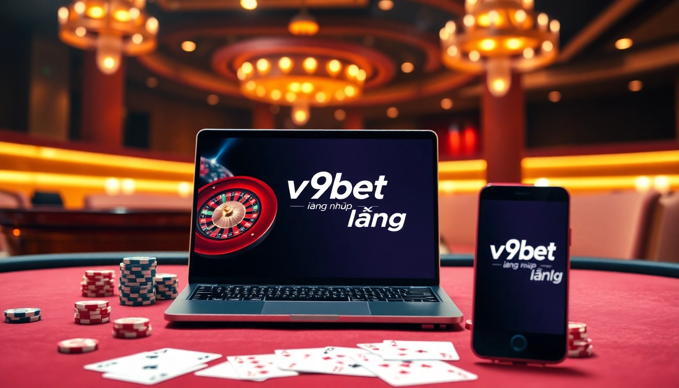 Experience thrilling gaming with v9bet đang nhập on mobile and desktop screens featuring casino elements.
