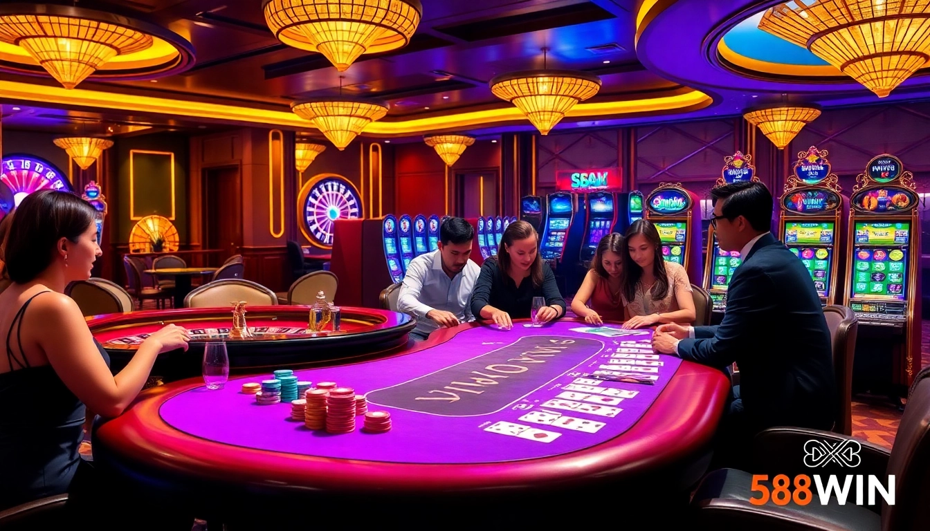 Players enjoy thrilling games at 58WIN casino, featuring vibrant tables and festive atmosphere.