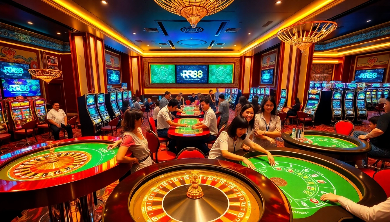 Exciting players engaging with casino games at RR88, showcasing vibrant slots and tables.