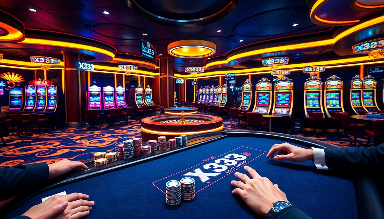 X333 branded casino scene with professional blackjack and vibrant slot machines engaging high-stakes players