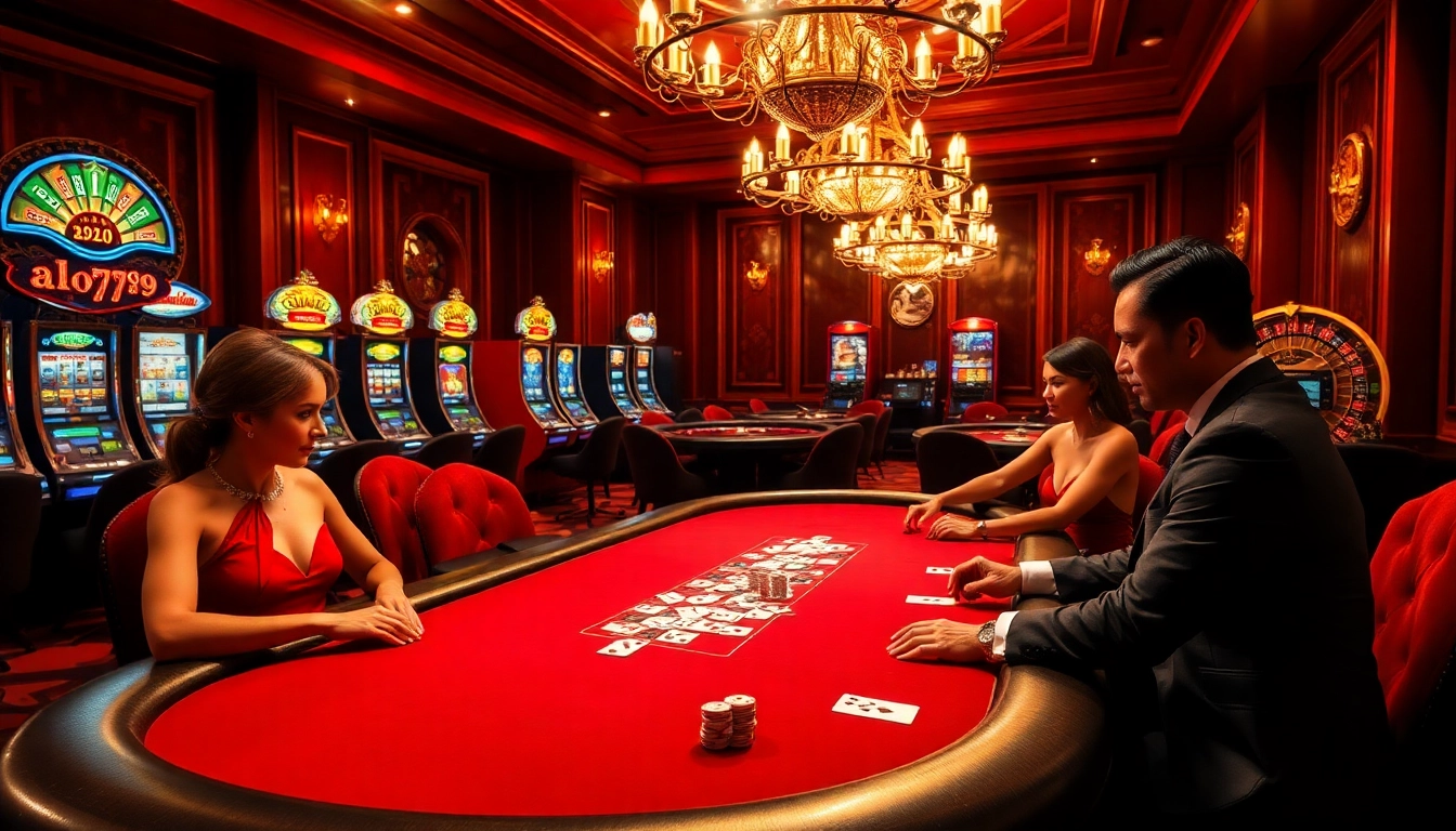 A vibrant casino scene showcasing alo789's luxurious poker table action with players and slot machines.