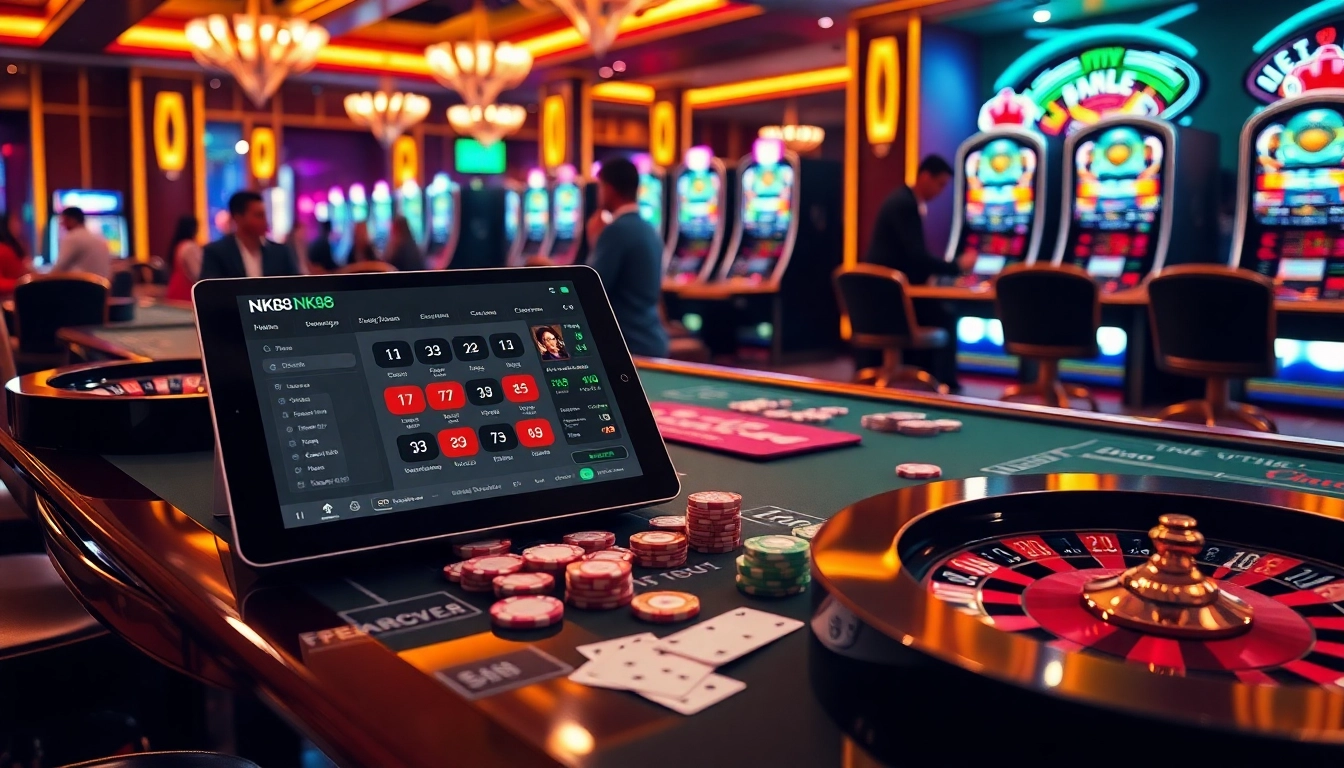NK88 online gambling interface with casino tables and chips highlights excitement for players.