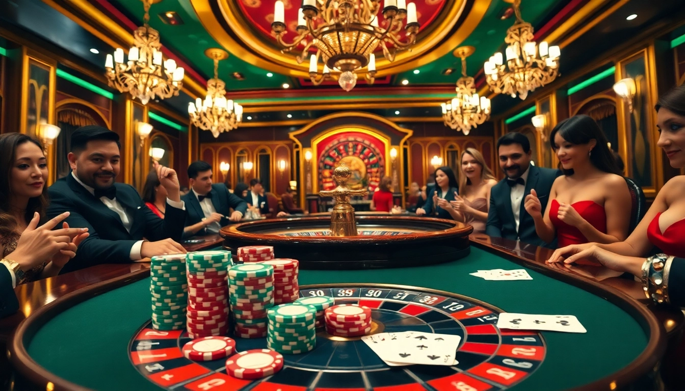 Excited gamblers enjoying sunwin at a luxurious roulette table filled with colorful chips.